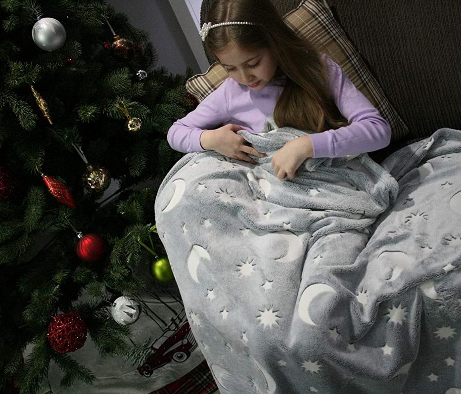 Svítící deka Magic Blanket 160x190cm šedá - měsíc a hvězdy