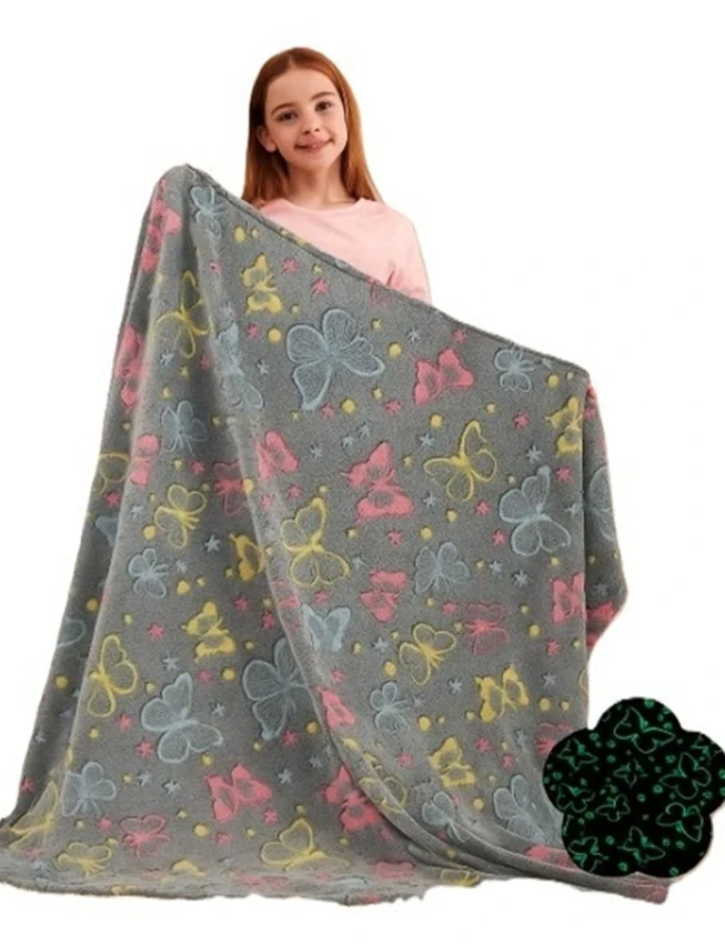 Svítící deka Magic Blanket 160x190cm šedá - motýlci a hvězdy