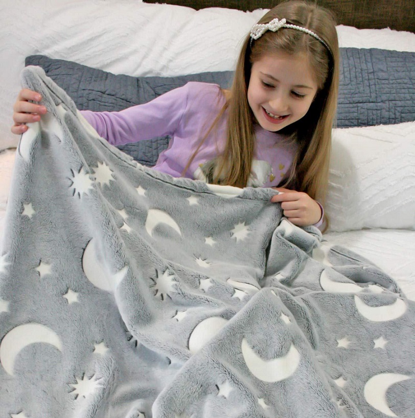 Svítící deka Magic Blanket 160x190cm šedá - měsíc a hvězdy