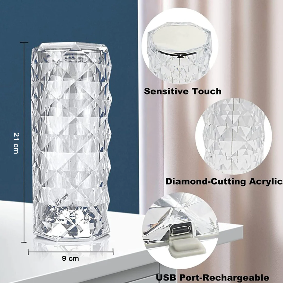 Krystalická stolní lampa model 002 - Rose Diamond Table Lamp USB
