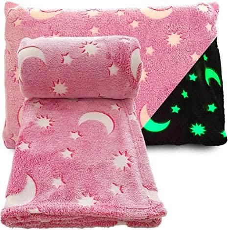 Svítící deka Magic Blanket 160x190cm růžová - měsíc a hvězdy