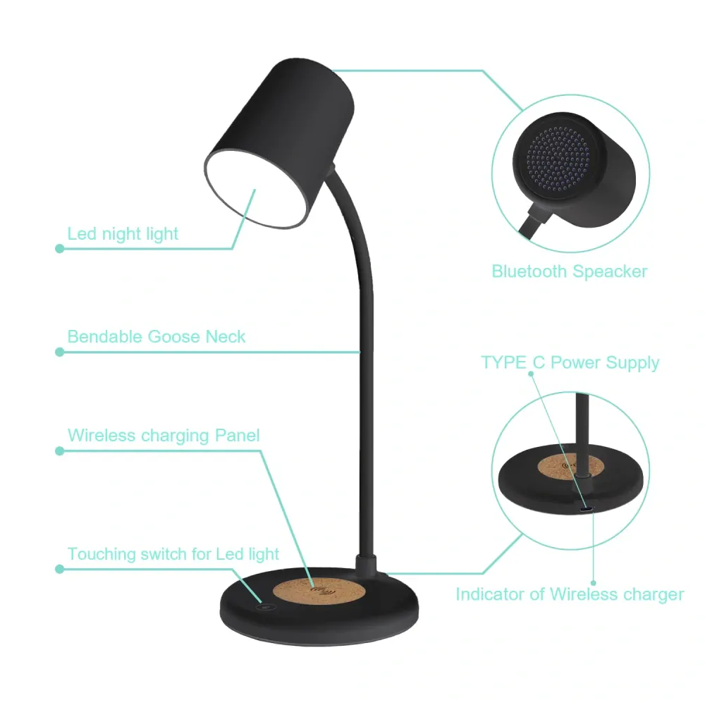 Stmívatelná stolní USB LED lampa s bezdrátovým nabíjením - černá