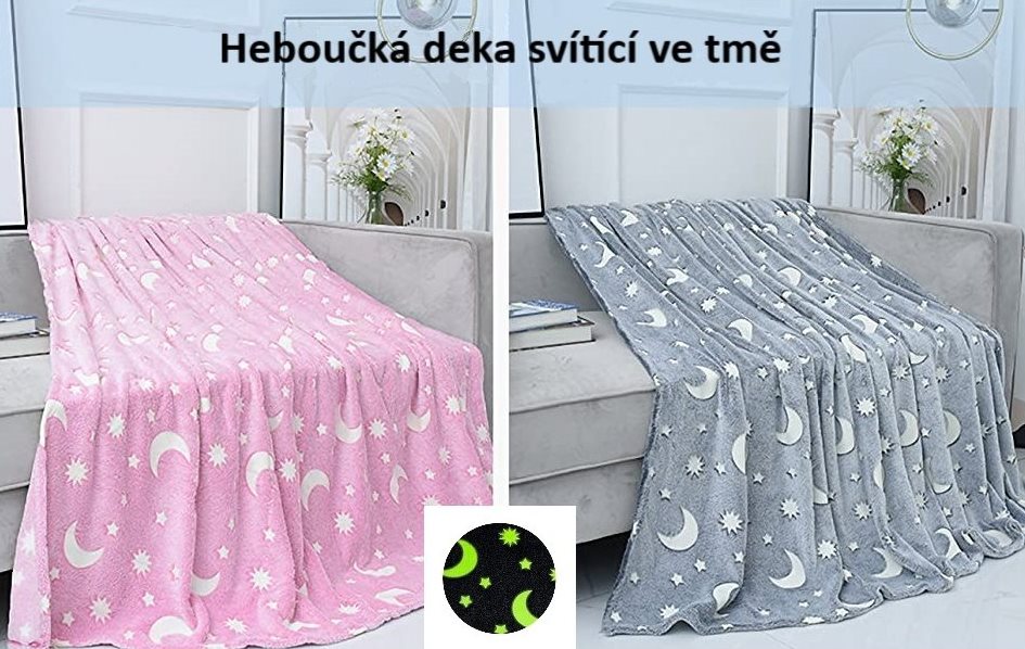 Svítící deka Magic Blanket 160x190cm růžová - měsíc a hvězdy