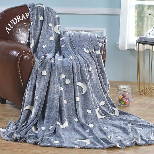 Svítící deka Magic Blanket 160x190cm šedá - měsíc a hvězdy