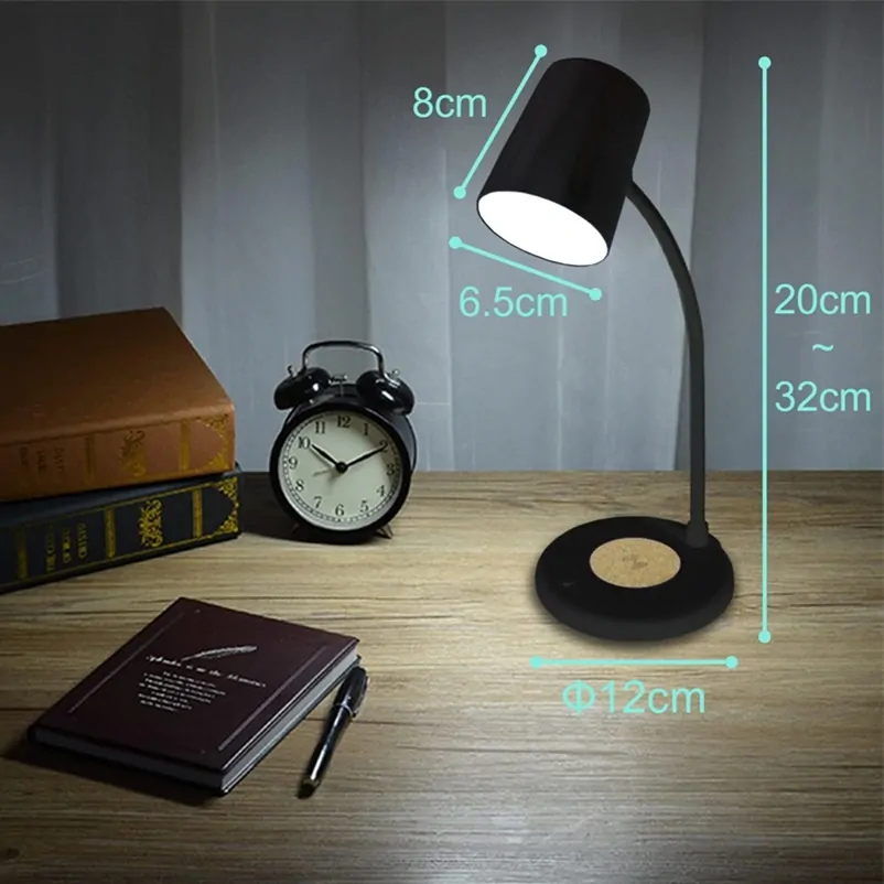 Stmívatelná stolní USB LED lampa s bezdrátovým nabíjením - černá
